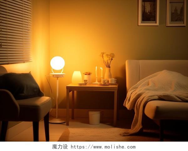 房间内静谧暖黄色的灯光心理健康创伤治疗室